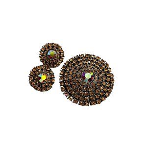 Signed Weiss Vintage Brooch & Clip On Earrings Set Autumn Fall Color Rhinestones